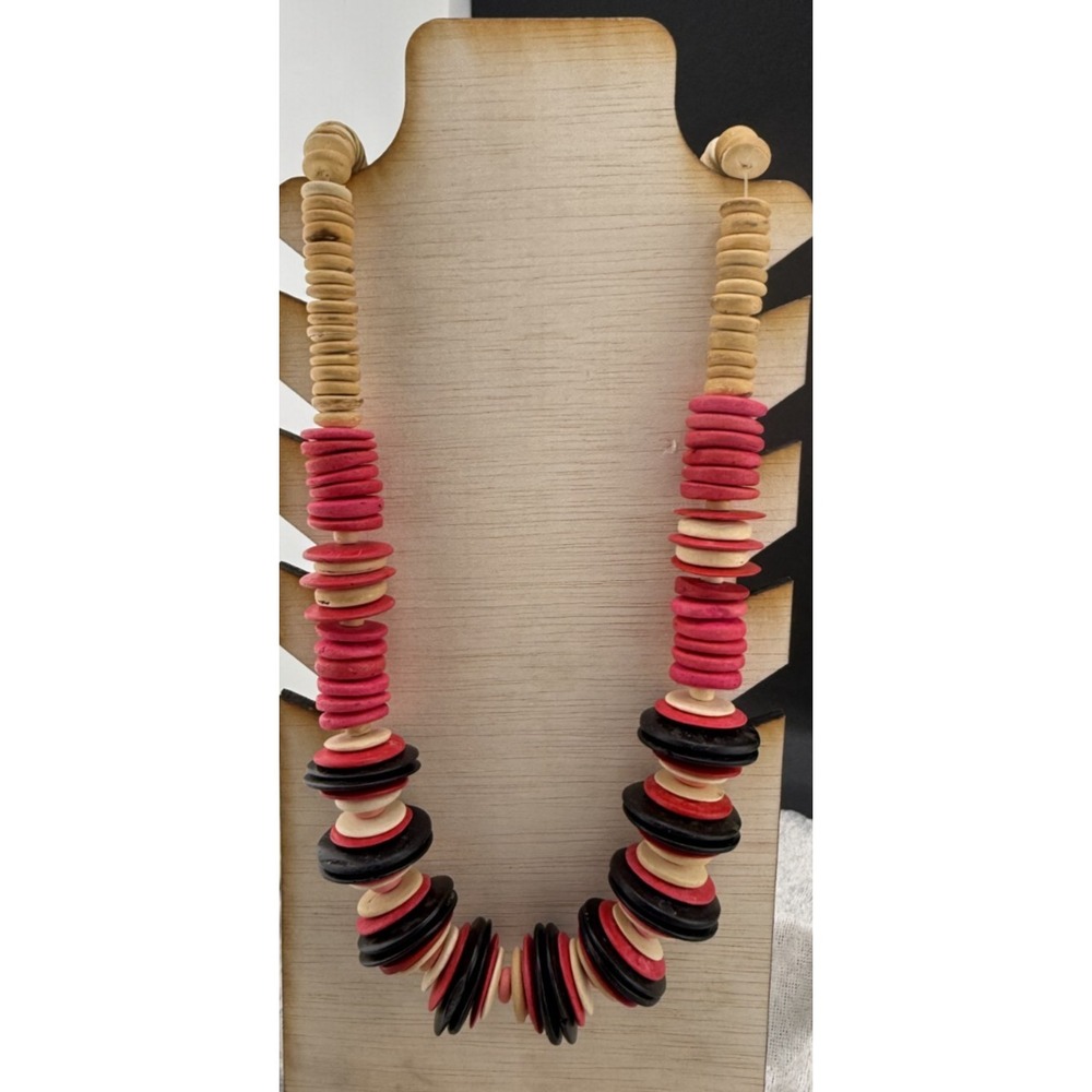 Vintage Wooden Beaded Necklace Discs Red Black Statement 25" - Picture 1 of 7